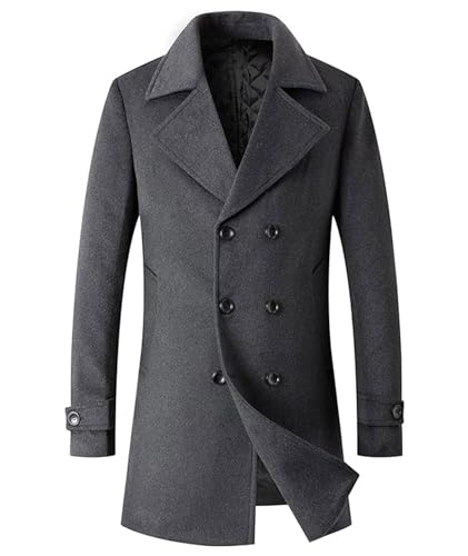 Image of SOMTHRON Men's Woolen Trench Coat Regular Fit Double Breasted Wool Blend Jacket Winter Pea Coat Businesss Overcoat