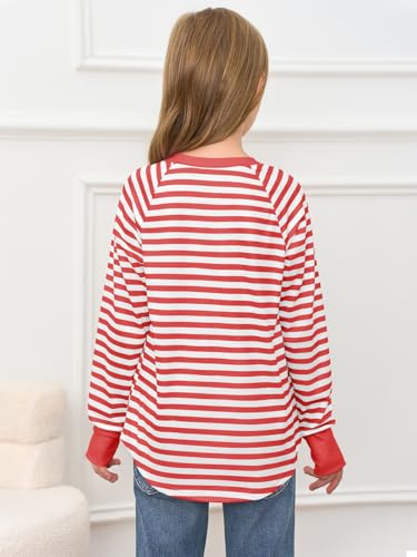 Image of Haloumoning Girls Striped Long Sleeve Shirts 5-14 Years | Thumb Hole, Crewneck, girls tops,Tunic Tops, Curved Hem Tees