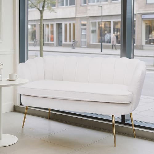 Aortzio 59 Loveseat Sofa Modern Sherpa Boucle 2-Seater Sofa with Golden Legs Comfy Upholstered Shell Accent Couch for Store Living Room Studio Office (Ivory).