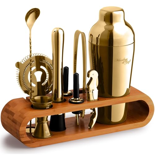 Mixology - Juego de herramientas de bar de 10 piezas con soporte de bambú | Kit perfecto de camarero en casa y juego de coctelera Martini para una experiencia perfecta de mezcla de bebidas | Divertido