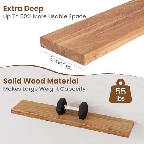 Image of Floating Shelves for Wall Decor, 8 inch Deep Rustic Solid Elm Wood Floating Shelves Wall Mounted, Wall Shelves with Invisible Bracket for Living Room Bathroom Bedroom Kitchen, 40 Inch Set of 1, Natural