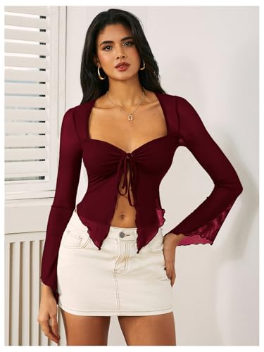 WDIRARA Women's Long Sleeve Front Tie Top Sexy Mesh Bell Sleeve Shirt3