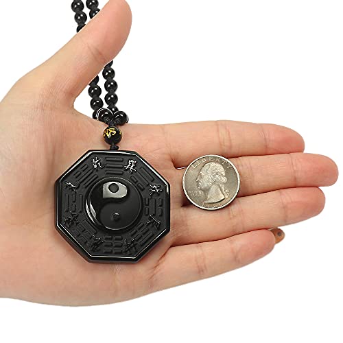 Natural Obsidian Necklace Lucky Amulet Protection Pendant with Adjustable Bead Chain Black Crystal Talisman Spiritual Jewelry Gift for Men Women