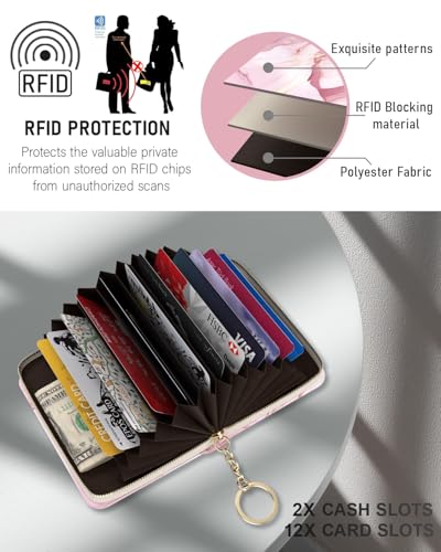 Image of Credit Card Holder,Stay Safe and Stylish with Our RFID-Blocking Slim Wallet for Women.Perfect for Business and Everyday Use,Keep Your Belongings Safe and Organized, Pink Marble, Fashion and