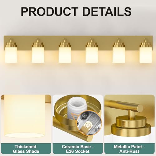 Image of IZORRO Bathroom Vanity Light Fixture, 6-Light 46 Inch Gold Bathroom Light Fixtures Over Mirror, with White Glass Shade, Modern Farmhouse Vanity Lights, Rustic Restroom Lighting Fixtures