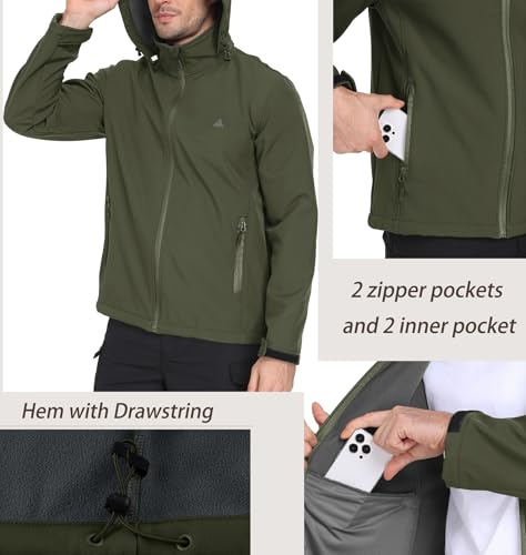 ZITY Jacke Herren Wasserdichte Winterjacke Fleece Kapuzenjacke Hoodie Reißverschluss Mantel mit Taschen Outdoorjacke zum Wandern Camping Angeln,Armeegrün,XL