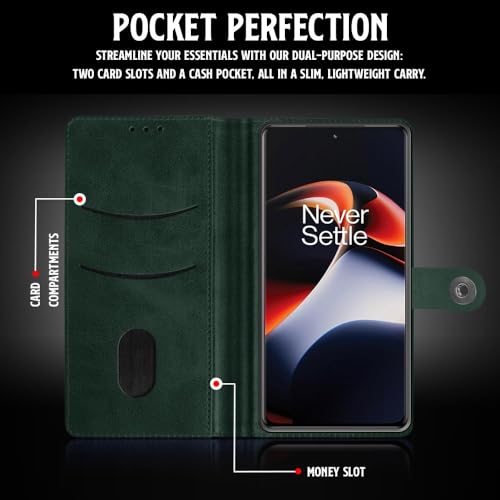 Image of WOW IMAGINE Shock Proof Flip Cover Back Case for 1+ OnePlus 11R 5G (Magnetic Button Flip Case | Wallet Pockets & Stand | Leather Finish | Forest Green)