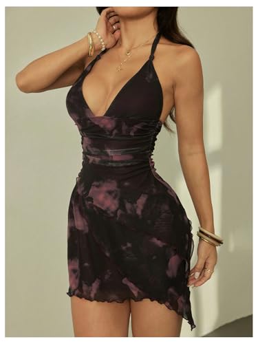Image of SHENHE Women's Tie Dye Mesh Halter Mini Dress Sexy Sleeveless Ruched Deep V Neck Date Night Dresses