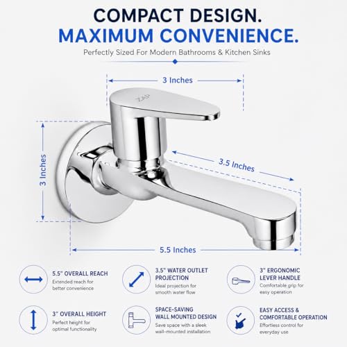 Image of ZAP Brezza Long Body Bib Cock Tap | Full Brass Wall Mounted Faucet for Bathroom & Kitchen Sink | Premium Chrome Finish | Rust Resistant Water Tap with Wall Flange | Long Body Basin Tap