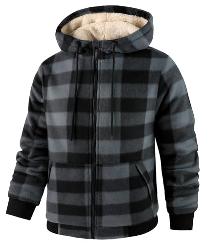 Image of Mens Plaid Hoodies Winter Zip Up Fleece Jacket Sherpa Fleece Lined Warm Flannel Jacket Coat