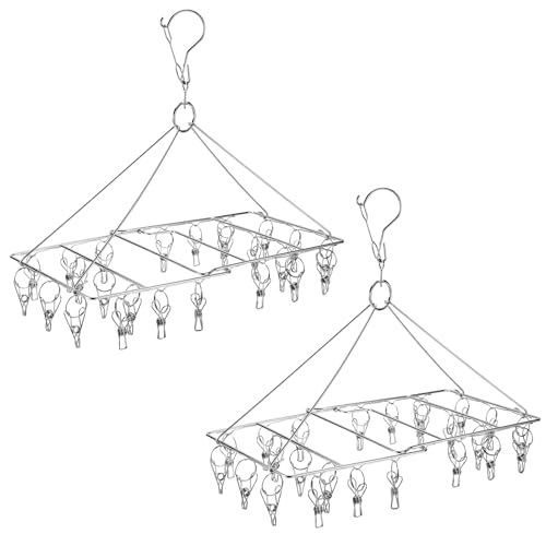 WudTus 2 Pack Clothes Drying Rack with 24 Peg, Stainless Steel Space-saving Dryer Rack for Sock, Bra, Baby Diapers and Hanging Small Items, Total 48 Pegs
