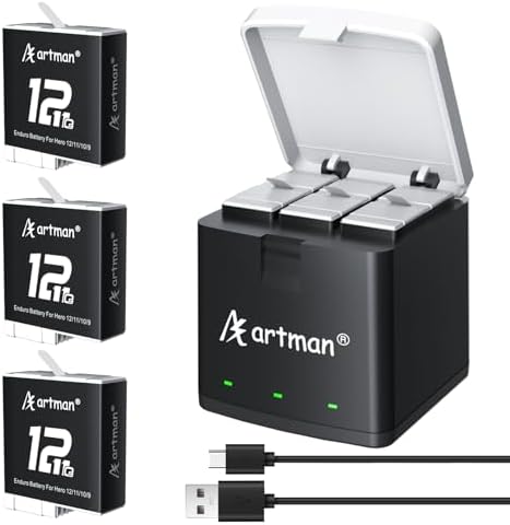 Artman Hero 12 Battery 3-Pack 1800mAh and 3-Channel Charger Compatible with GoPro Enduro Hero 12 Black/Hero 11 Black/Hero 10 Black/Hero 9 Black​ Camera