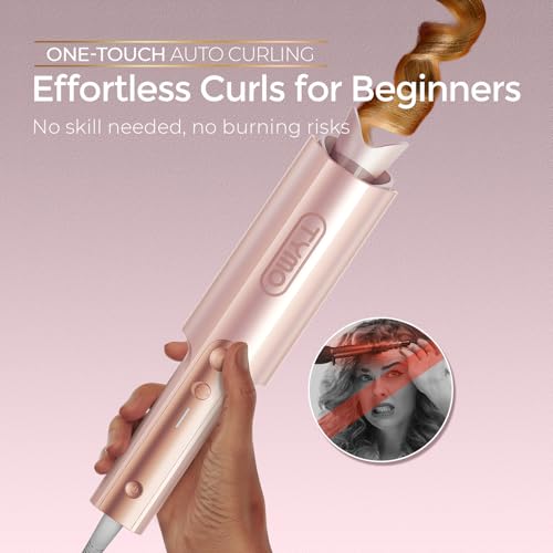 Image of TYMO CurlPro Plus Automatic Rotating Curling Iron - Upgraded Long Barrel Curling Wand for Long Hair, Ceramic Hair Curler for Women, Anti-Scald, 600M Ionic, Dual Voltage, Gold Blush, 1 1 /4 Inch