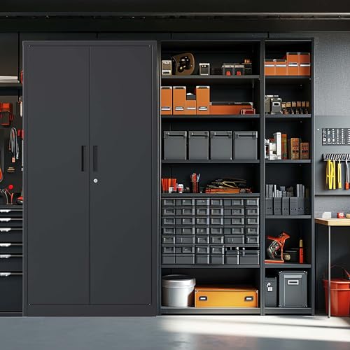 Zenvya 71" H Metal Garage Storage Cabinet, Tool Steel Locking Cabinet with Doors and 4 Adjustable Shelves 5 Tier Filing Tall Cabinets, for Home Office/Classroom/Pantry/Garage File Cabinet (Black)