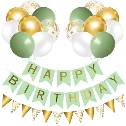 Decoration Anniversaire, Banderole Happy Birthday, Ballons Anniversaire Vert Or, 16 Pièces 12...