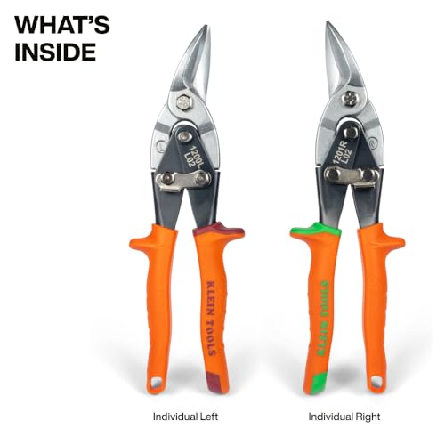 Image of Klein Tools 80198 Aviation Snips Kit, Left and Right Metal Shears Set, 18 Gauge Steel Cutting, Serrated Blades, Self-Open Lock, Professional Tin Snips