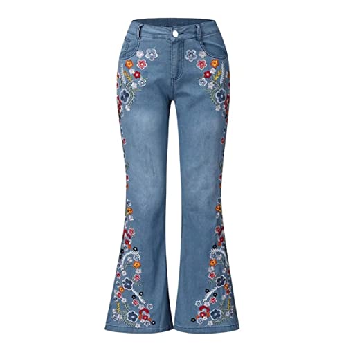 Womens Mid Rise Floral Embroidered Bell Bottom Flare Jeans Vintage Bootcut Jeans Skinny Fit Denim Pants2