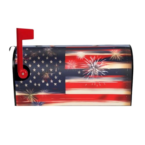 Firework American Flag 4Th of Julys Magnetic Mailbox Cover with Curved Opening, Unique Mailbox Decoration, fit for Outdoor Decoration