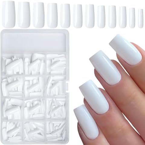 LuckForever 240pc Square Press on Nails Long Fake Nails Glue on Press on Nails Square Nail Tips Full Cover White Acrylic Nails Press ons Nail False Fingernail with Glue Adhesive Tabs for Women Girls Cover