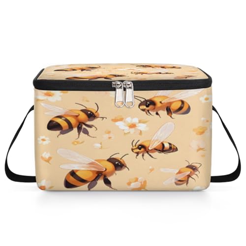 GzLeyigou Bee Floral Lunch Bags for Women Men 9 Cans, Hot & Cold Food Delivery Bag Insulated Grocery Bag Insulated Lunch Box Bees Cooler Bag for Office Work Picnic Beach