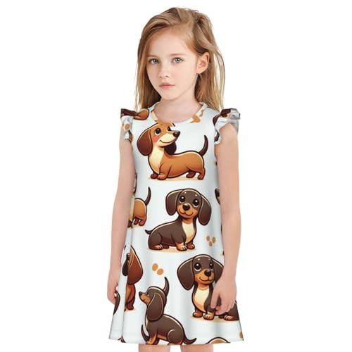 Cute Dachshunds Flutter Sleeve Dress for Girls, Toddler Girls A Line Dress for 2-11 Years