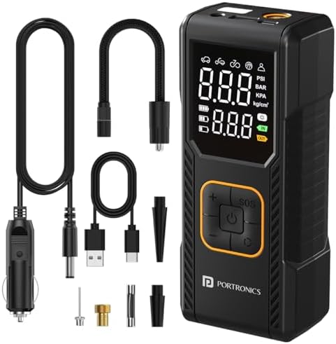 Portronics Vayu 9.0 Portable & Rechargeable Tyre Inflator with 2-in-1 Cordless & Corded Modes, 3×2000 mAh Battery, LED Display, Auto Shut-Off, Type-C Fast Charging,150 PSI for Car, Bike & Sports Balls