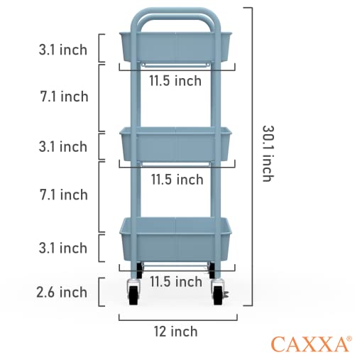 Image of CAXXA 3-Tier Rolling Metal Storage Organizer - Mobile Utility Cart with Caster Wheels, Blue