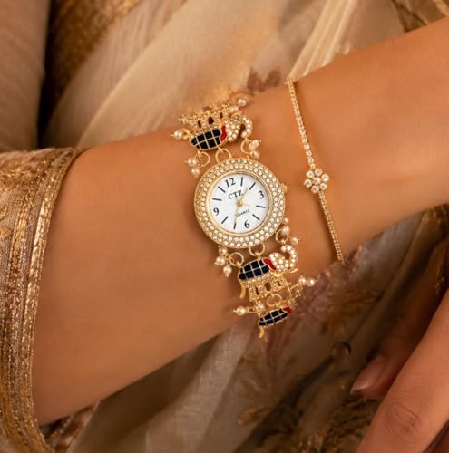 Image of Kashmiri Gold Plated Elephant Charm Bracelet Watch for Women & Girls | Adjustable Chain Analog Jewellery with Crystal & Pearl Studded Ethnic Design for Festive, Wedding, Party & Gift