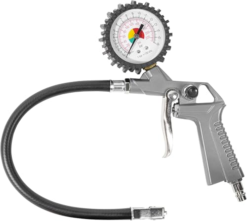 Güde Reifenfüller (Manometer, 0 - 12 bar Anzeigebereich, 12 bar max. Arbeitsdruck, 1/4 ' Anschlussgewinde, Luftablassventil, Michelin-Metall-Ventilstecker, montierter Stecknippel, Autoventil geeignet)
