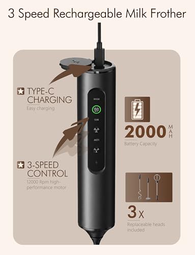 Image of Rechargeable Milk Frother Hanheld 3 Speed, Frother Wand Drink Mixer Handheld Coffee Stirrers Electric Frother for Coffee Mixer Wand with 3 Whisk frother for protein powder-Black