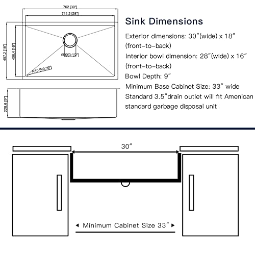 Kitchen Sinks 30X18 Inch Undermount Kitchen Sink Stainless Steel Sink 16 Gauge Single Bowl Kitchen Sinks Set (5 Item Bundle: Sink, Bottom Grid, Drain Assembly, Drain Cap, Kitchen Towel) #TOP3