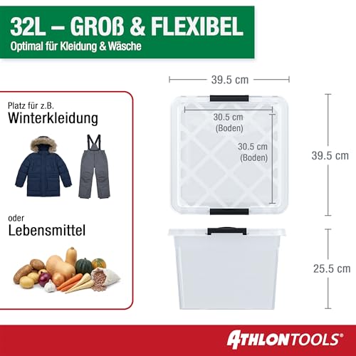 ATHLON TOOLS 4x 32 L Aufbewahrungsboxen mit Deckel, lebensmittelecht - Verschlussclips - 100% Neumaterial Plastik-Box transparent - Kleiderboxen stapelbar…