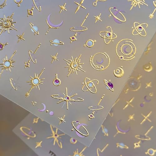 Gold Nail Stickers Moon Star Nail Stickers for Nail Art 5D Embossed Nail Art Stickers Gold Star Nails Decals Retro Nails Design for Women DIY Decor Manicure Accessories