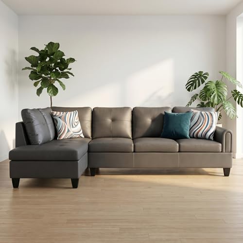 Image of L-Shaped Sectional Sofa, Modern 4-Seat Couch with Left Facing Chaise, Leather Sectional Couch for Living Room, Apartment, Office, Dark Grey