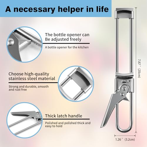 Bottle Opener & Jar Opener for Weak Hands, 7.87 Inch Adjustable Stainless Steel Can Opener, Multifunctional Jar Lid Opener Gripper for Seniors with Arthritis