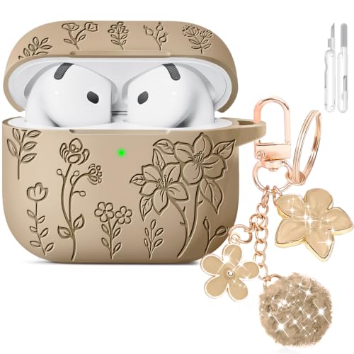 Image of for AirPods 4 Case, Soft Silicone Flower Engraved Cases Pink | with Cleaner & Foral Charm Keychain, Cute Girly Stylish Women AirPods 4 Accessories - Shockproof, Scratch & Dust Resistant