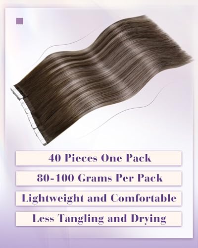 Image of LaaVoo Tape in Extensions Human Hair Brown Balayage Tape in Hair Extensions Human Hair 40pcs 100G Dark 14 Inch