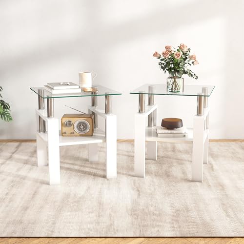 Image of Meihua Glass End Table, Square Glass Side Table, 2-Tier Modern Nightstand with Metal Legs for Living Room&Bedroom (Transparent+White, Set of 2)