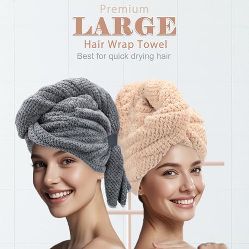 FREATECH 2er-Pack Großes Mikrofaser Handtuch Haare 86 x 26 cm, Dicke Super Saugfähige Haarturbane für Nasses Haar, Frauen Anti-Frizz Haartrockentuch mit Gummiband, Langes Dickes Lockiges Plopphaar