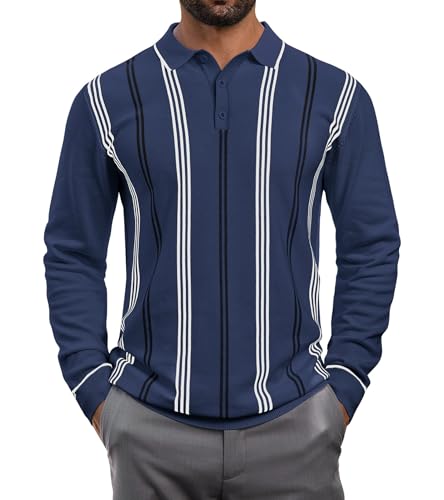 Lexiart Men's Knit Polo Sweater Long Sleeve Striped Dressy Thermal Basic Button Collar Sweater
