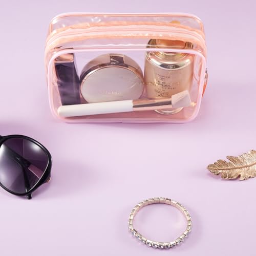 Clear Plastic Pink Zippered Toiletry Carry Pouch TSA Approved Toiletry Bag Portable Cosmetic Makeup Bag for Vacation, Bathroom and Organizing (Pink 3Pcs, Small) - Thumbnail 4