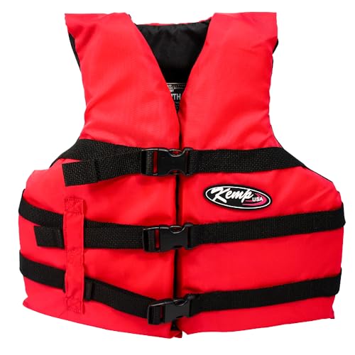 Kemp USA Type III Recreational Vest Youth Life Jacket for Boating Kayaking Fishing & Watersports US Coast Guard Approved PFD Adjustable Fit Durable Construction Red