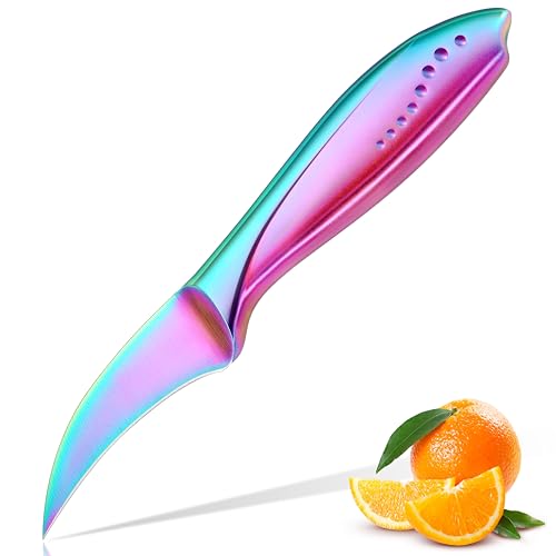 WELLSTAR Birds Beak Paring Knife, 2.5 Inch Peeling Knives with Rainbow Titanium Coated High Carbon Stainless Steel Curved Blade for Fruit and Vegetable Garnishing Cutting