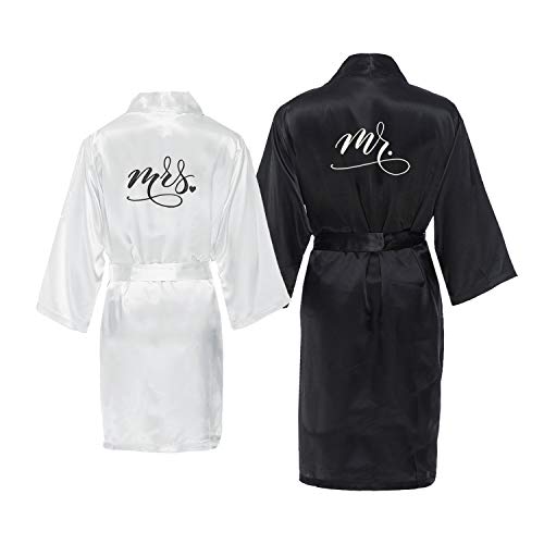Mr. and Mrs. Satin Robe Set with Back Embroidery Black, White