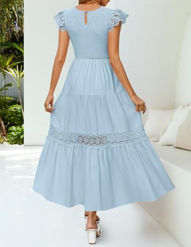 ZESICA Women's Casual Crew Neck Flutter Sleeve Smocked High Waist Hollow Out Lace Trim Tiered A Line Midi Dress,LightBlue,Small — view 4