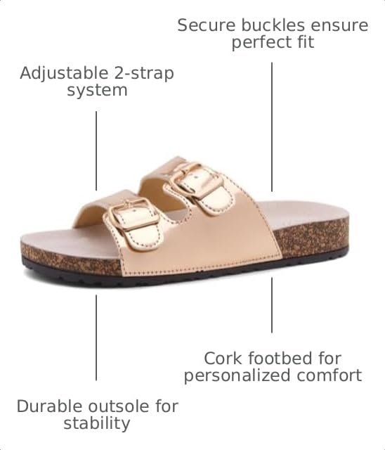 Image of Herstyle Womens Cork Footbed Slides for Women, Double Strap Flat Sandals, Adjustable Buckle Comfort Slip On Shoes, Summer Beach Casual Walking Slippers