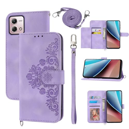 Dswteny Wallet Case for Motorola Moto G Stylus 4G 2023 with Wrist Strap Crossbody Shoulder Strap, Embossed PU Leather Flip Slim Stand Cell Phone Cover for GStylus XT2317-1 XT2317-2 Women Girls Purple
