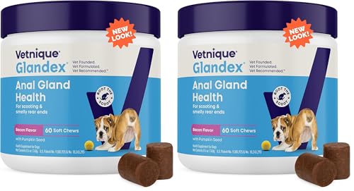 Image of Vetnique Glandex Anal Gland Soft Chew Treats with Pumpkin for Dogs Digestive Enzymes, Probiotics Fiber Supplement for Dogs Boot The Scoot (Bacon Flavor Chews, 60 Count) (Pack of 2)