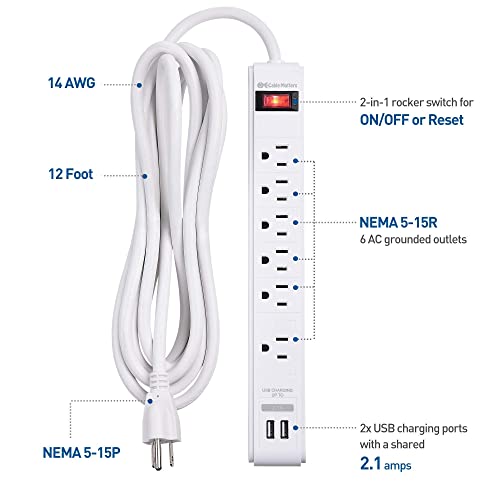 Cable Matters 2-Pack 6 Outlet Surge Protector Power Strip With Usb Charging Ports, 300 Joules With 12 Foot Power Cord In White & 1-Pack 6 Outlet Wall Mount Surge Protector #TOP2