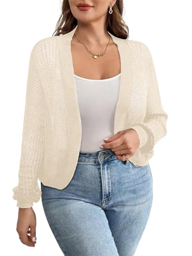 Womens Plus Size Lightweight Cardigan Sweater Open Front Long Sleeve Knitted Cropped Shrug